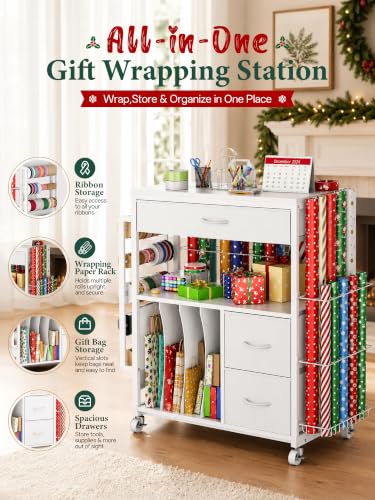 Rolling Gift Wrapping Paper Storage Cart with Ribbon Holder and Drawers