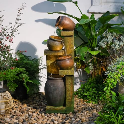 36-Inch 4-Tier Modern Stone-Look Water Fountain with LED Lights for Garden