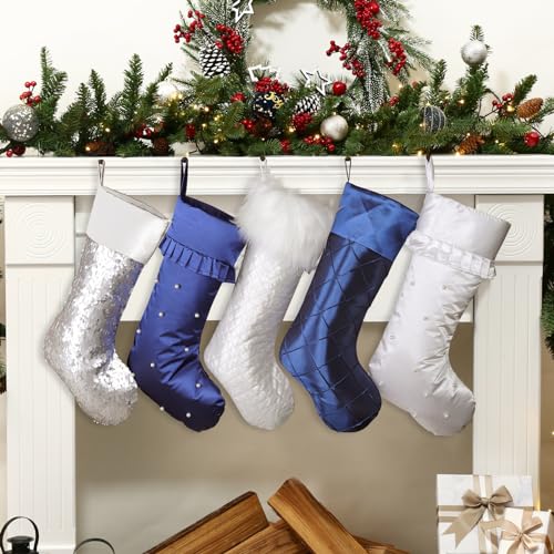 LimBridge 18-Inch Christmas Stockings 5 Pack White & Blue with Glitter Snowflake Star Trim
