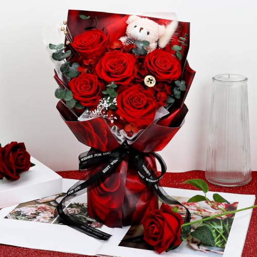 Preserved Rose Flower Bouquet with Bear in Gift Box
