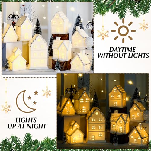 White Ceramic Christmas Village Set with LED Houses, Trees & Lamp Posts