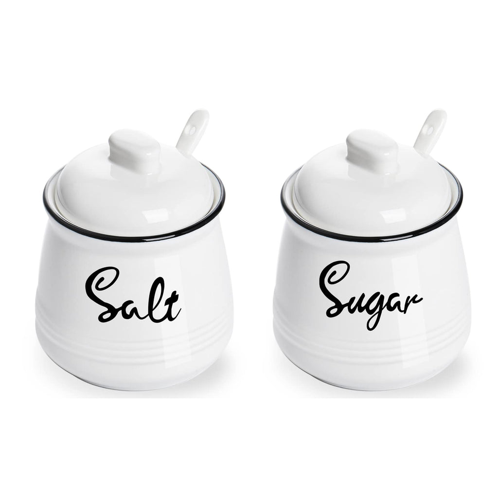 HAOTOP 12oz Farmhouse Ceramic Salt and Sugar Bowls Set with Lid and Spoons,Easy to Clean (White)