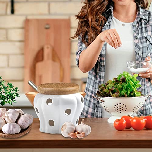 MEKBOK Garlic Keeper,Garlic Keeper for Counter,White Ventilated Garlic Container,Ceramic Garlic Storage Container with Bamboo Lid