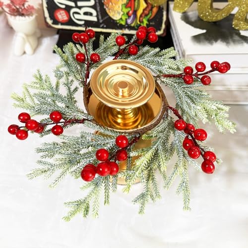 FBIRDY 2pcs Small Christmas Wreath Candle Rings with Red Berries - Candle Rings 03