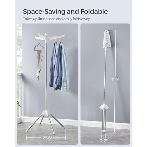 SONGMICS Clothes Drying Rack, 59-Inch Folding Laundry Drying Rack with 3 Rotatable Arms for Hangers, 4 Legs, Stainless Steel, for 27 Pieces of Clothes, White and Silver ULLR510W01