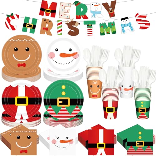 Vesici Christmas Tableware Set - 245 Pcs Disposable Plates Cups Napkins Banner