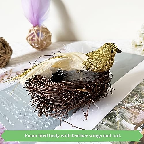 12pcs Gold Glitter Birds Christmas Tree Ornaments Clip-On Feathered Decorations