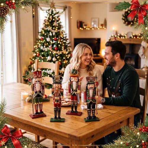 4 Pcs Wooden Christmas Nutcracker Tabletop Decor - 9.85 Inch Holiday Soldier Set