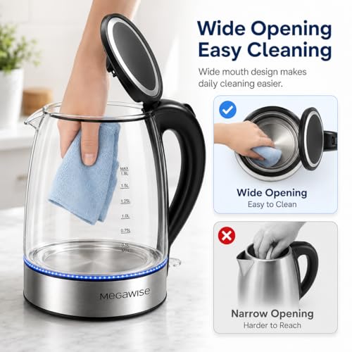 1.8L Electric Glass Kettle with Stainless Steel Base and Auto Shut-Off