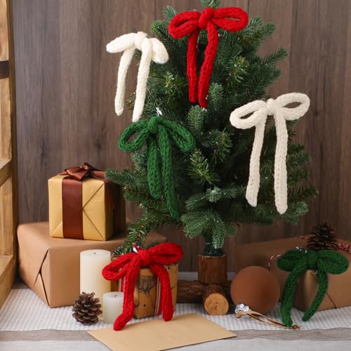 24-Pack Knitted Christmas Bows Ornaments 7in - Red Beige Green, Glitinsel