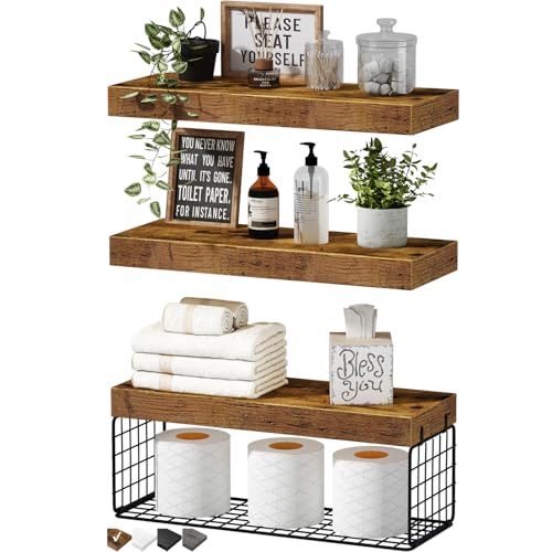 Farmhouse Bathroom Floating Shelves Over Toilet - Rustic Brown (Set of 3)