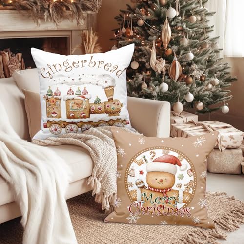 Lanpn Christmas Throw Pillow Covers 20x20 Set of 4, Gingerbread Man