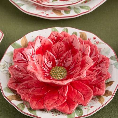 Set of 4 Red Poinsettia Ice Cream Bowls - Festive Holiday Ceramic Dessert Cups