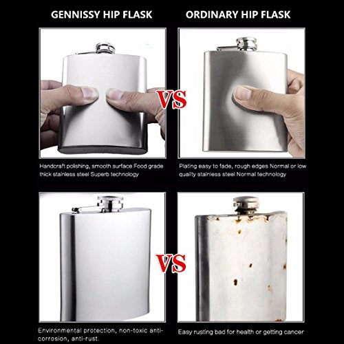 GENNISSY 10oz Silver Stainless Steel Hip Flask Leakproof with Funnel & Never Lose Cap Gift for Men Women
