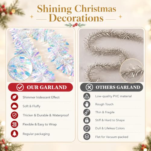 Aufee Iridescent Metallic Christmas Tinsel Garland 20ft for Indoor & Outdoor Decor
