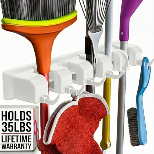 Broom Holder Wall Mount with 5 Slots and 6 Hooks White Mop Organizer