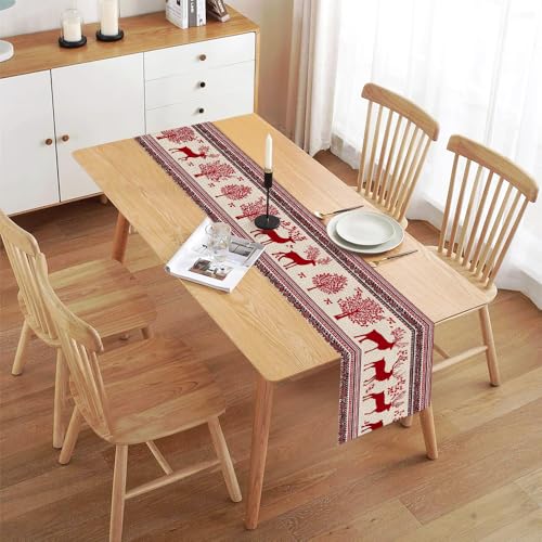 Farmhouse Christmas Table Runner 13x72 Inch Snowflakes & Trees Holiday Decor