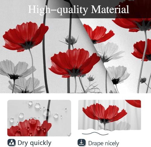 Coxila 4-Piece Red Floral Shower Curtain Set with Non-Slip Bath Mats