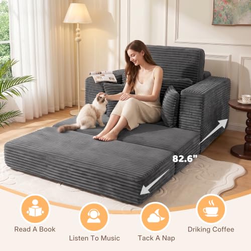 Oversized 60-inch Corduroy Chaise Lounge Chair with Ottoman and Sofa Bed