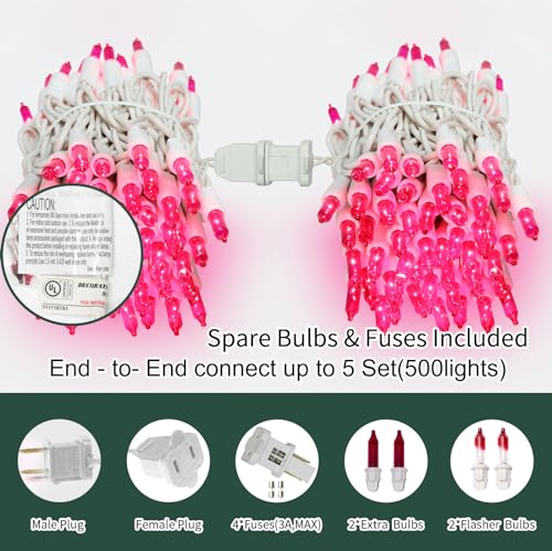 Pink Christmas Mini String Lights - 100 Count, 19.6 Ft White Wire