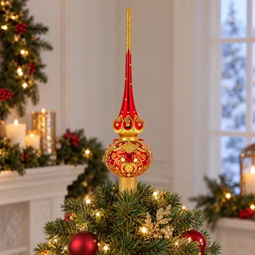 Golden Scrolls on Red Glass Christmas Tree Topper 11 Inches – Hand-Painted Ukrainian Craft