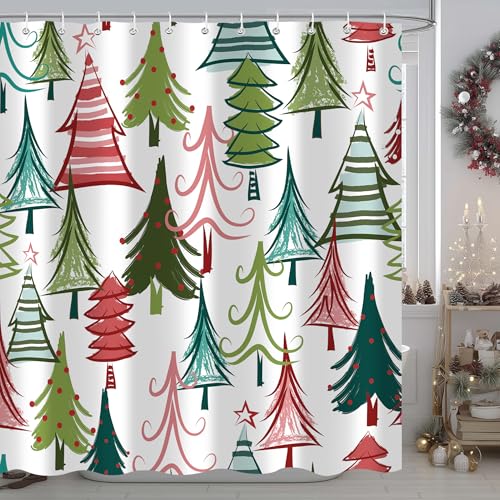 Moyrisou Colorful Pine Tree 72x72 In. Christmas Shower Curtain - Xmas Holiday Bathroom Decor