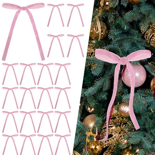 Pink Velvet 24-Pack Christmas Bow Ornaments for Wreaths & Gift Wrapping - 7x5 in