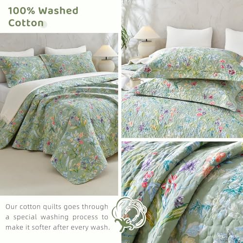Sanracie Oversized Queen Quilt Bedspread Set - 100% Cotton Botanical Print 3Pcs