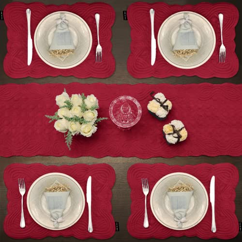 Loom and Mill Christmas Quilted Table Placemats Set of 6, 12x18 Inch, Rectangular Red