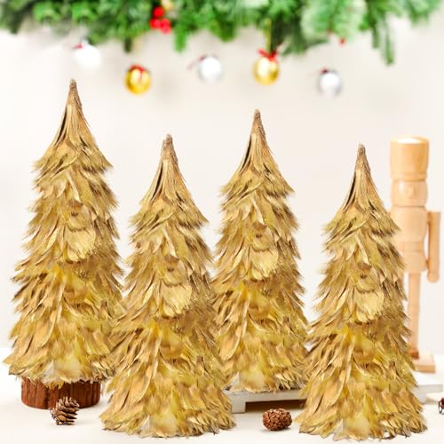 Liliful 4-Pack Gold Feather Christmas Trees, 12-Inch Holiday Decor