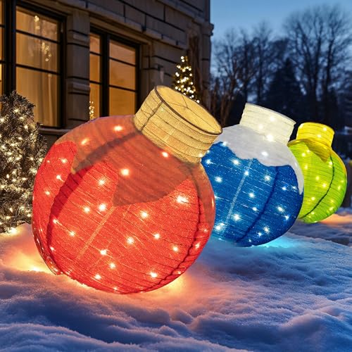 Dazzle Bright LED Christmas Ball Decorations Set - 3 Collapsible Outdoor Indoor Holiday Ornaments with 8 Modes & Timer