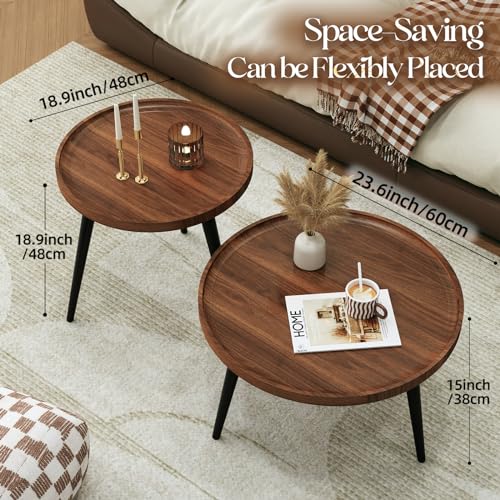 2-Piece Mid-Century Modern Nesting Coffee Table Set, Round Walnut Finish