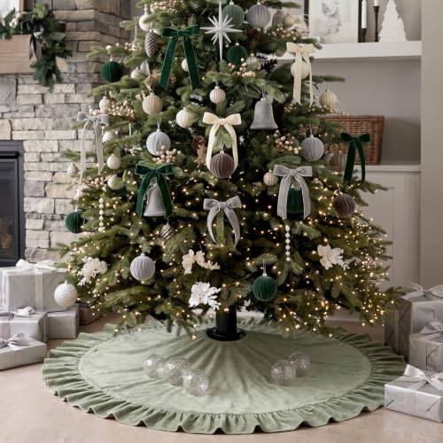 60-Inch Sage Green Velvet Christmas Tree Skirt with Bows & Ruffled Edge
