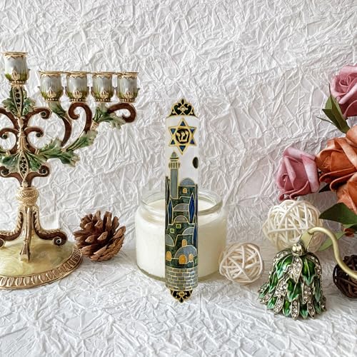 Hand-Painted Enamel Mezuzah Case with Star of David and Jerusalem Motifs