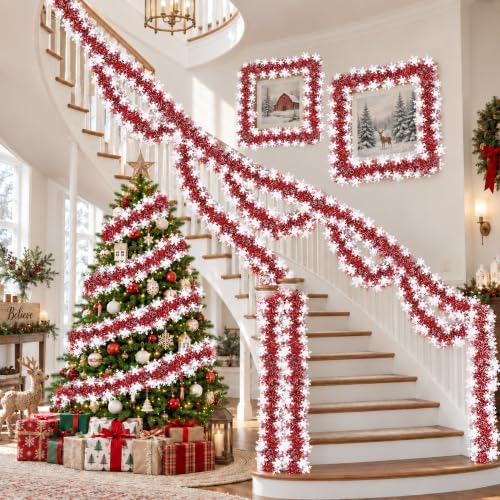 Sakayo 50FT Red & White Christmas Tinsel Snowflake Garland, Indoor Outdoor Holiday Decor