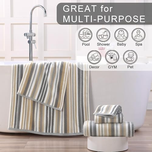 6-Piece Striped Cotton Towel Set with Hanging Loops, Gray and Beige