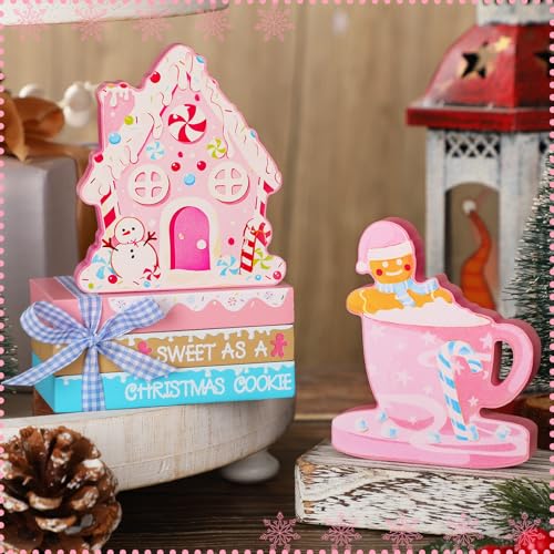 Gingerbread Man House Sign Set - Pink Christmas Table Decor (5 Pcs) - Includes Pastel Books & Coffee Cup Sign
