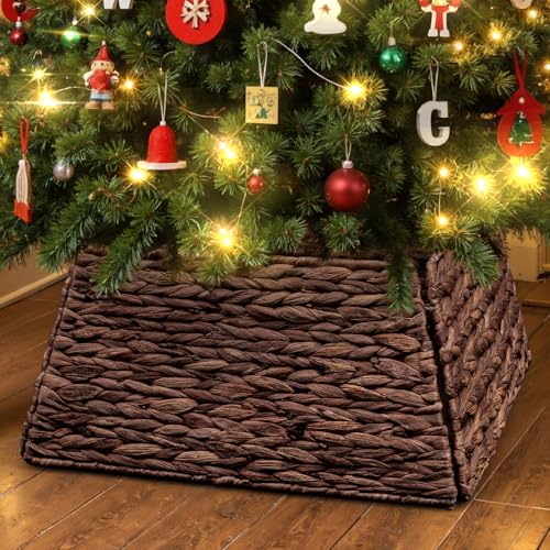 Lanpn 17 Inch Brown Rattan Christmas Tree Collar Square Woven Wicker Skirt