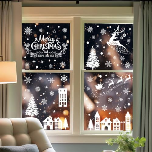 Reusable Christmas Window Clings - Snowflake Village & Santa Scene Decorations