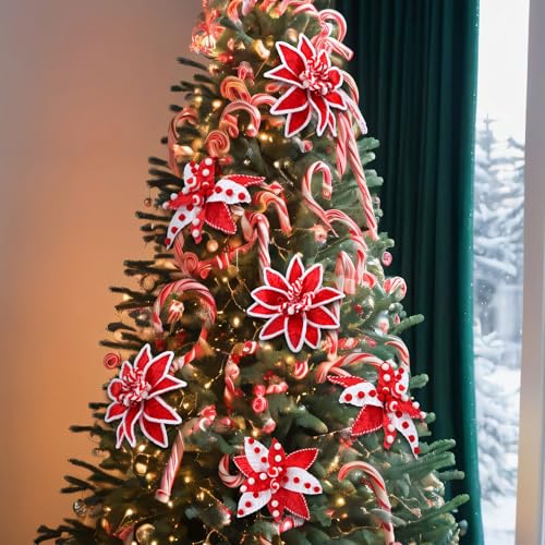 Daifunli 6 Pcs Large Christmas Candy Cane Poinsettia Tree Picks with Berries – Red & White, 10.6 Inches Holiday Ornaments for Xmas Decor