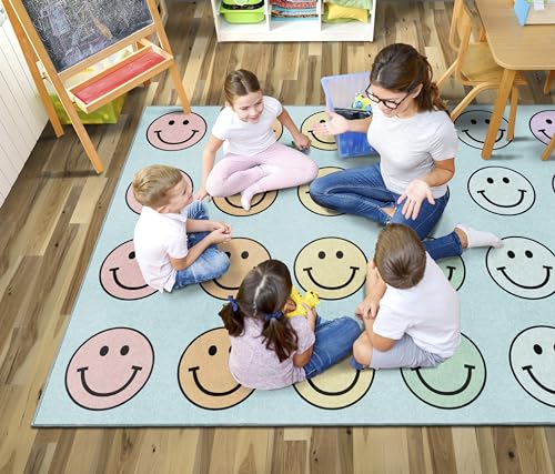 Pastel Rainbow Smiley Face Classroom Area Rug - 7'6" x 12', Seats 28