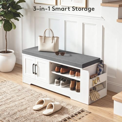Farmhouse Shoe Storage Bench with Padded Seat and Adjustable Shelves