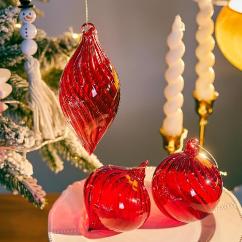 KRISININE 3-Pack Red Blown Glass Christmas Ornaments Hanging Decorations