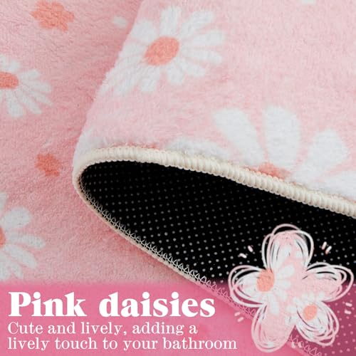3-Piece Pink Daisy Bathroom Rug Set - Non-Slip Bath Mat & Toilet Lid Cover
