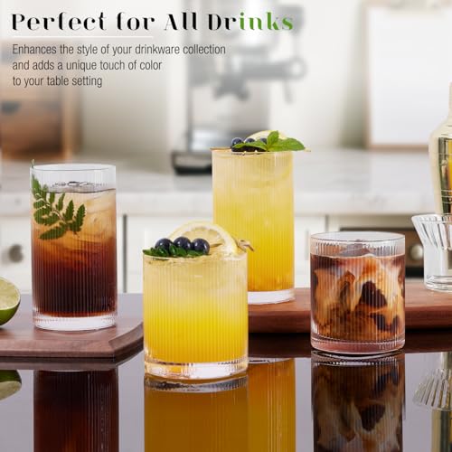8-Piece Ribbed Glassware Set, 17oz Highball and 12oz Rocks Drinking Glasses