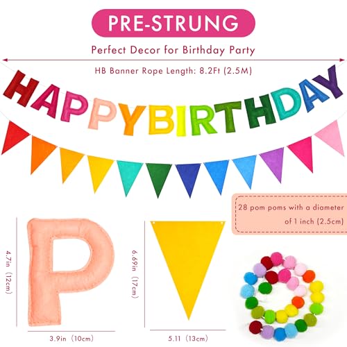 3D Rainbow Happy Birthday Banner Set, Pre-Strung Felt Party Decorations