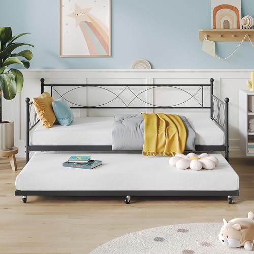 Metal Twin Daybed Frame with Wheeled Pull-Out Trundle & Steel Slats