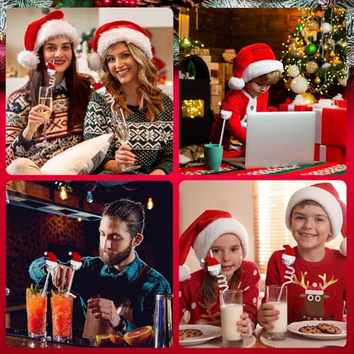 Sliner 48 Pack Christmas Disco Ball Straws & Stirrers with Hats - Reusable Plastic Cocktail Accessories for Holiday Parties