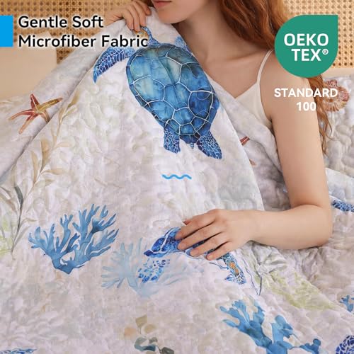 Sea Turtle Coastal Quilt Set Queen Size - Soft Microfiber Bedding