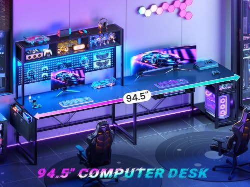 SEDETA 67-Inch L-Shaped Gaming Desk with Power Outlet, Pegboard & LED Lights - Black with Power Outlet and Pegboard